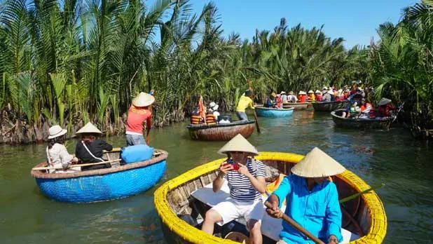 Tourists wearing conical hats riding round basket boats through a lush coconut forest in Da Nang, Honeymoon in Vietnam.